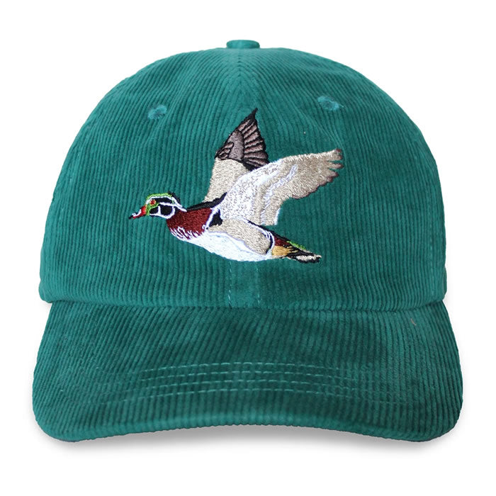 Green corduroy cap with flying wood duck embroidery, adjustable strap, and curved bill, titled I'd Rather Be Birding Corduroy Hat.