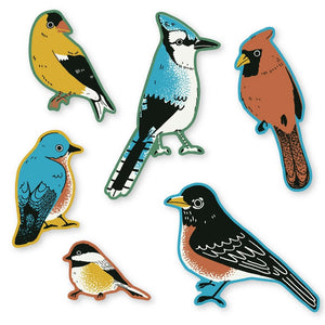 Bird Collective Backyard Birds Jumbo Sticker Pack featuring detailed illustrations of a Blue Jay, Black-capped Chickadee, American Robin, American Goldfinch, and Northern Cardinal.