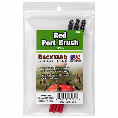 Red Port Brush 3 Pack in clear hanging pouch packaging with three slim red cleaning brushes for hummingbird feeder ports and small hard-to-reach areas.