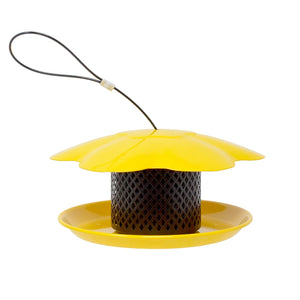 Sunflower Kernel Collapsible Diamond Mesh Feeder featuring a yellow top and black metal mesh, designed for clinging and perching birds. Holds 1 lb. of sunflower seed.