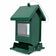 Green metal bird feeder with weather-resistant finish, angled side view showing clear seed window, roof, perch, and hanging cable.