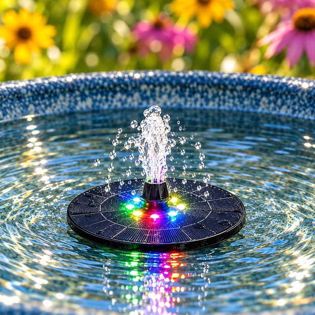 Solar-powered LED bird bath bubbler with colorful lights and gentle water spray, floating in a garden bird bath surrounded by flowers.