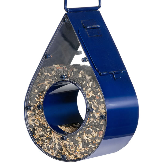 Teardrop Fly-Thru Bird Feeder, Red: Blue metal design with clear front, holds 3 lbs. birdseed. Features central perch, side panel for filling, easy to hang.