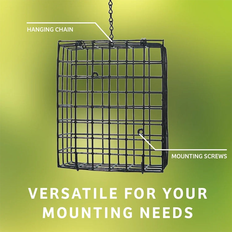 Large Seed and Suet Block Cage showing hanging chain and screw mounting options.