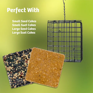 Large Seed and Suet Block Cage beside seed and suet cakes, with text noting compatibility with small and large cakes.