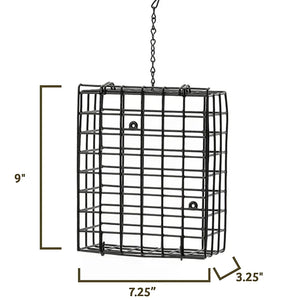 Black metal hanging bird feeder cage with dimension markings showing 9 inches height, 7.25 inches width, and 3.