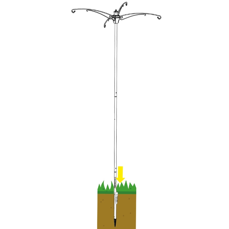 Illustration of a metal pole with a flagpole attachment, set into the ground with grass at the base.