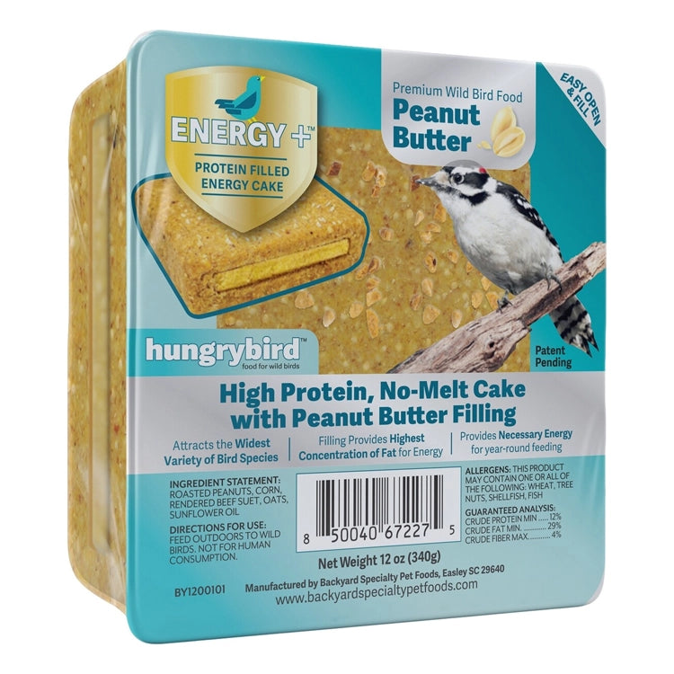 Energy+ Suet Cakes with Peanut Butter Filling, set of 12, featuring high-protein, no-melt suet, designed to energize backyard birds with essential nutrients.