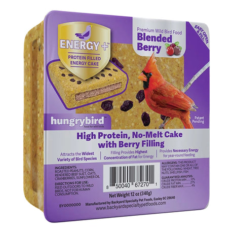 Energy+ Suet Cakes with Berry Blend Filling, set of 12, featuring high-protein, no-melt suet blocks, red cardinal image, and feeding directions on packaging.