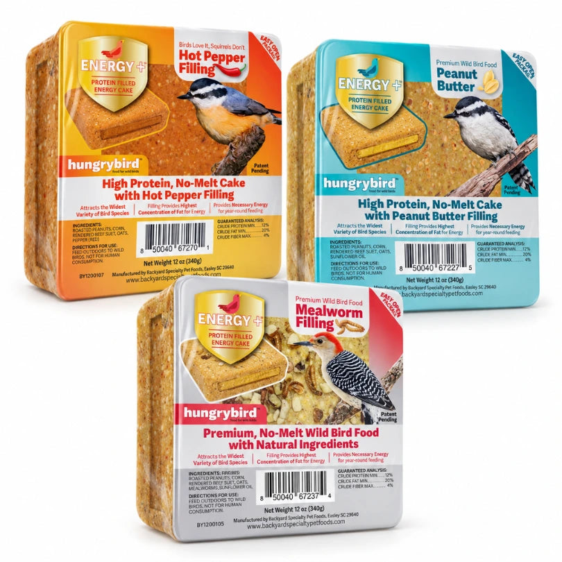 Hungrybird Energy+ suet cake bundle with Hot Pepper, Peanut Butter and Mealworm varieties, 12 oz each.