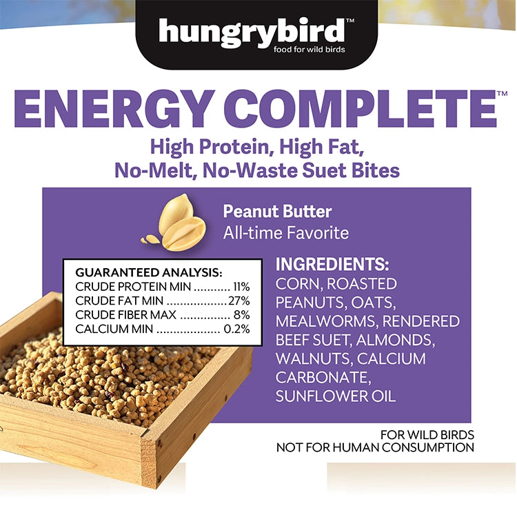 Front label of hungrybird™ Energy Complete suet bites, Peanut Butter flavor. High Protein, High Fat, No-Melt. Ingredients: corn, peanuts, oats, mealworms, suet. For wild birds.