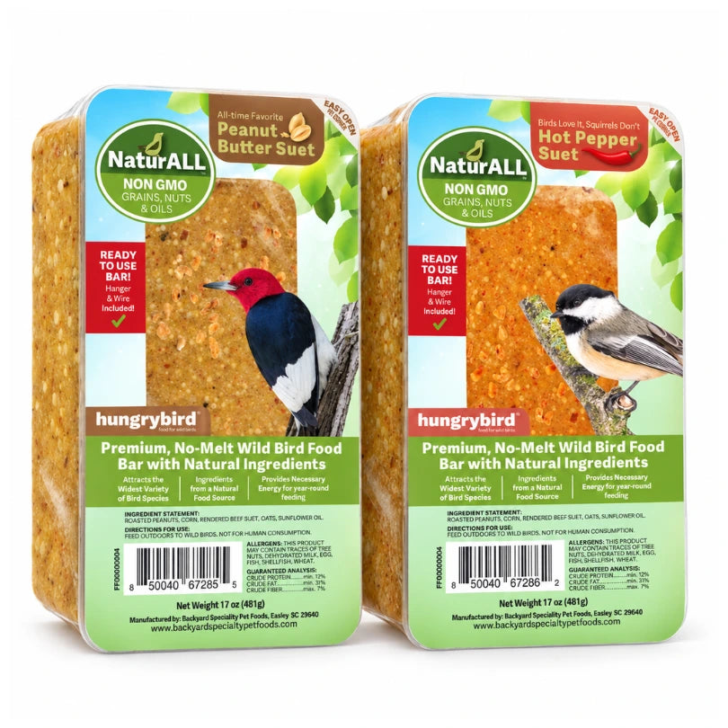 Hungrybird NaturALL Peanut Butter and Hot Pepper suet bars, two 17 oz packages.