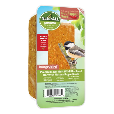 NaturALL RTU Hot Pepper Suet Bar, Set of 4 or 8, packaged bird feed with hanger, features non-GMO grains and red pepper to deter squirrels.