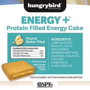 Energy+ Suet Cakes with Peanut Butter Filling, 12 Cakes. High-protein, no-melt suet for wild birds, featuring ingredients like roasted peanuts and mealworms. Not for human consumption.