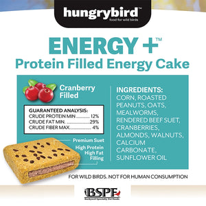Front label of Hungrybird ENERGY+ Suet Cakes with Cranberry Filling, 12 Cakes. Premium suet, high protein, high fat. For wild birds, not for human consumption.