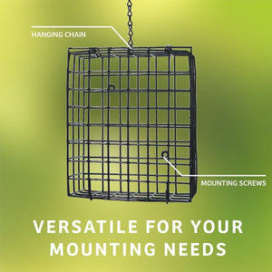 A black metal hanging wire cage or basket shown against a green gradient background, with white text labels pointing to the hanging chain and mounting screws, plus the text 'VERSATILE FOR YOUR MOUNTING NEEDS' at the bottom.