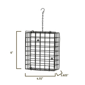 Black metal hanging bird feeder with dimension markings showing 6 inches height, 4.75 inches width, and 1.
