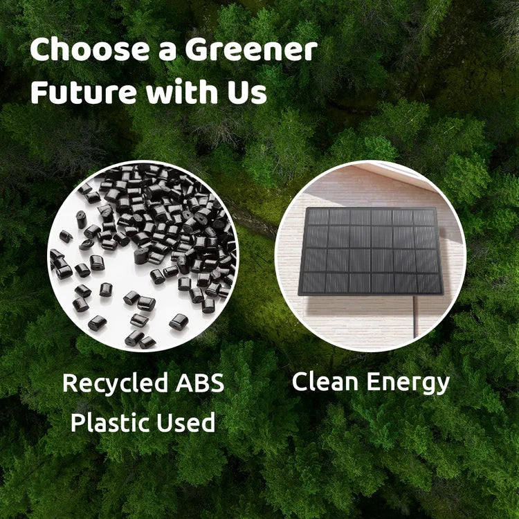 Birdfy Feeder 2 Duo promotional image showing recycled ABS plastic use and clean energy solar panel, emphasizing the eco-friendly bird feeder with a triple-lens camera.