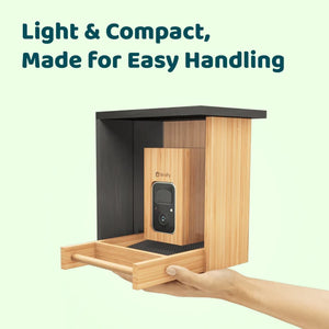 Birdfy Mini Bamboo Bird Feeder with Camera shown as lightweight, featuring a pull-out tray and built-in camera, ideal for easy handling and birdwatching.