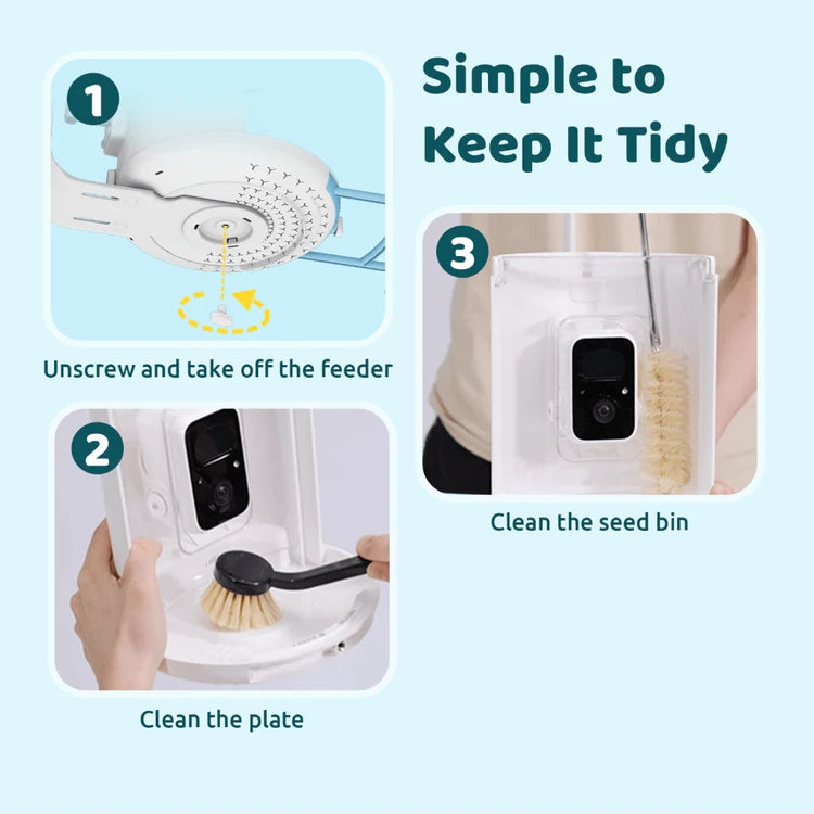 Illustrated guide showing disassembly and cleaning of the Birdfy Blue Bird Feeder 1 with Camera, emphasizing its easy maintenance for optimal bird-watching experiences.
