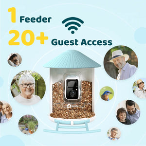 Birdfy Blue Bird Feeder 1 with Camera featuring a birdhouse design, integrated camera, Wi-Fi connectivity, and guest access for viewing bird activity remotely.