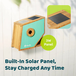 Birdfy Nest Polygon - Smart Birdhouse with Camera features a solar panel and mounts on surfaces, offering AI-edited nesting documentaries via app.
