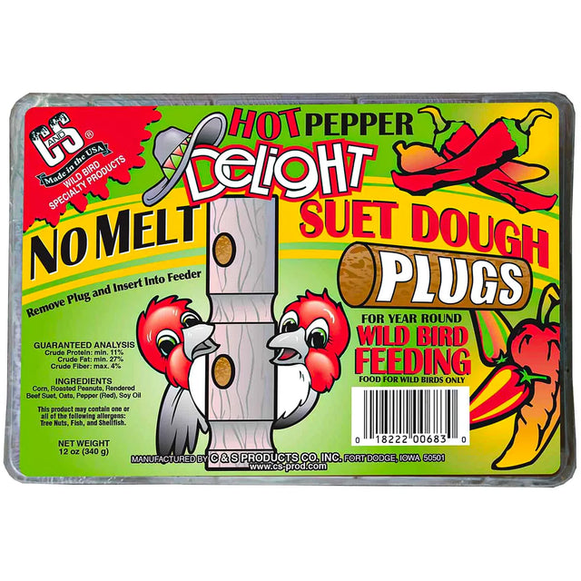 Front view of C & S's Hot Pepper Delight Suet Dough Plugs package, featuring cartoon woodpeckers, chili pepper illustrations, and product details for a no-melt bird feeding solution.