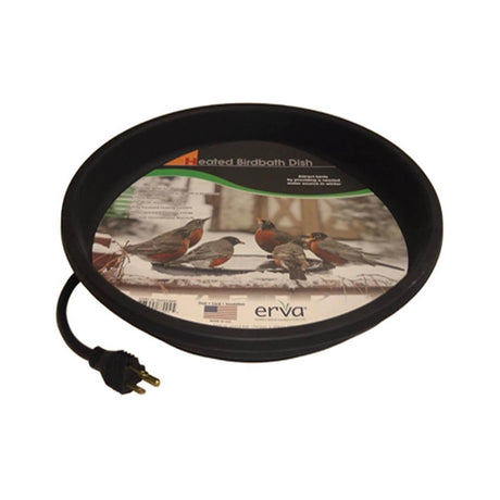 Replacement Heated Dish, a round black tray with cord, keeps bird-bath water unfrozen in cold weather. Thermostatically controlled, fits 14-inch bath rings.