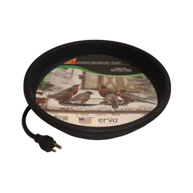Replacement Heated Dish, a round black tray with cord, keeps bird-bath water unfrozen in cold weather. Thermostatically controlled, fits 14-inch bath rings.
