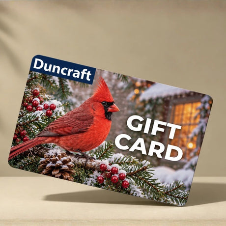 A Duncraft E gift card with a red cardinal on it. 