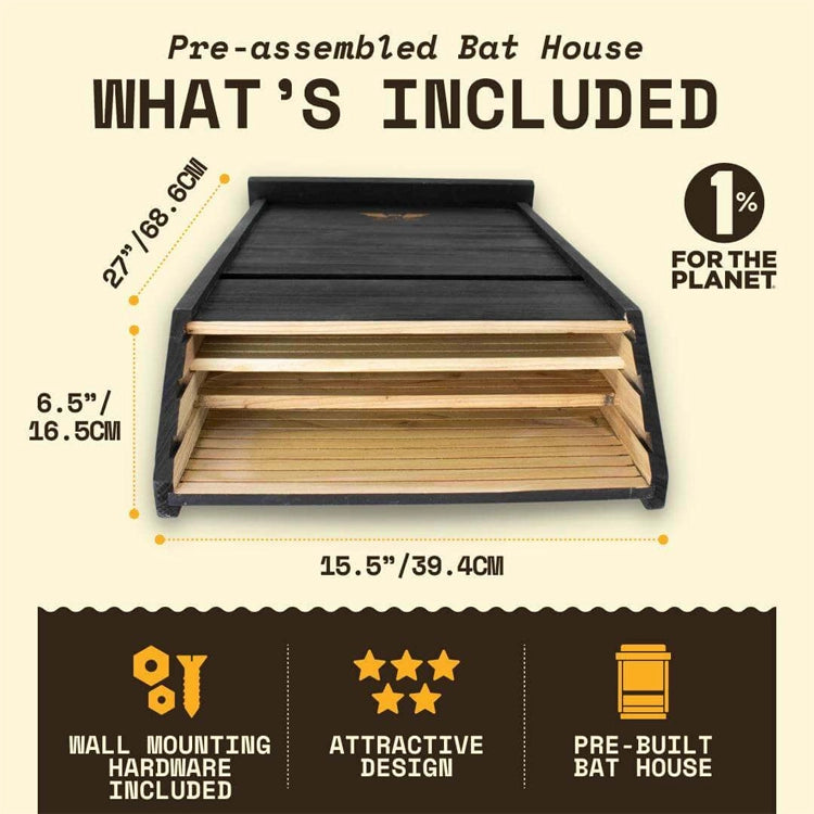 Three-Chamber Bat House, Cedar: Pre-built, multi-chamber design with dimensions 27x15.5x6.5; includes wall-mounting hardware, supports natural pest control, holds 200 bats.