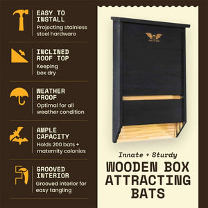 Three-Chamber Bat House, Cedar: Weatherproof wooden shelter with sloped roof, grooved interior, ideal for large bat colonies, supports natural pest control. Easy installation included.