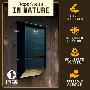 Three-Chamber Bat House, Cedar, mounted on a wall; promotes conservation with icons highlighting bat benefits: mosquito control, plant pollination, and animal friendliness.
