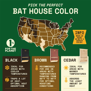 Three-Chamber Bat House, Cedar: Infographic shows U.S. climate map, bat house color benefits, highlighting black finish for warmth in cooler areas. Supports natural pest control and bat conservation.