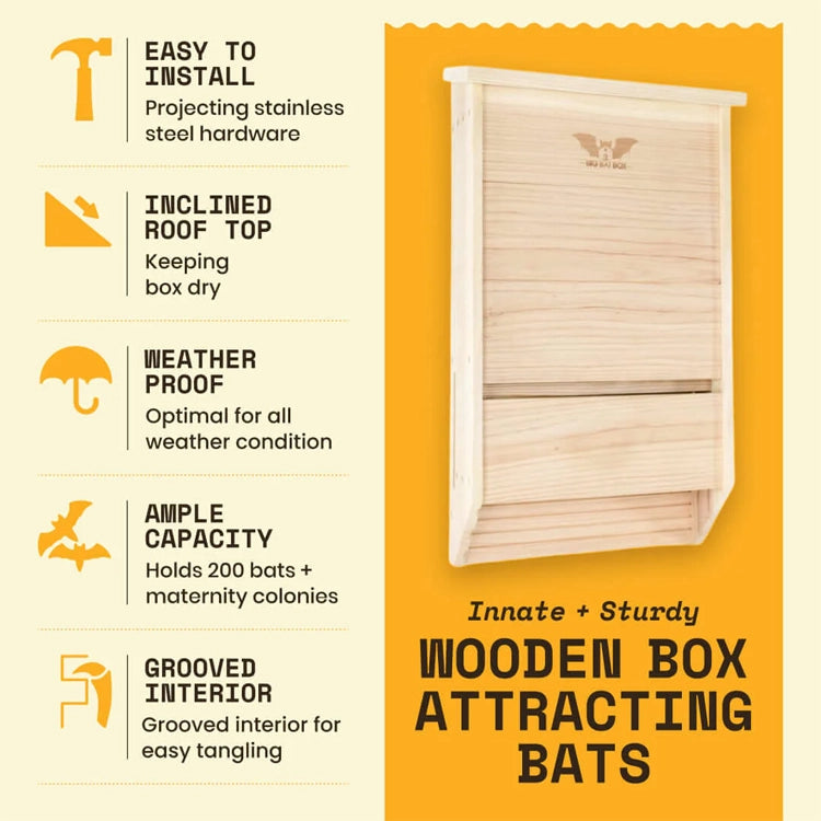 Bat house benefit sheet describing how sturdy it is with a plain background. 