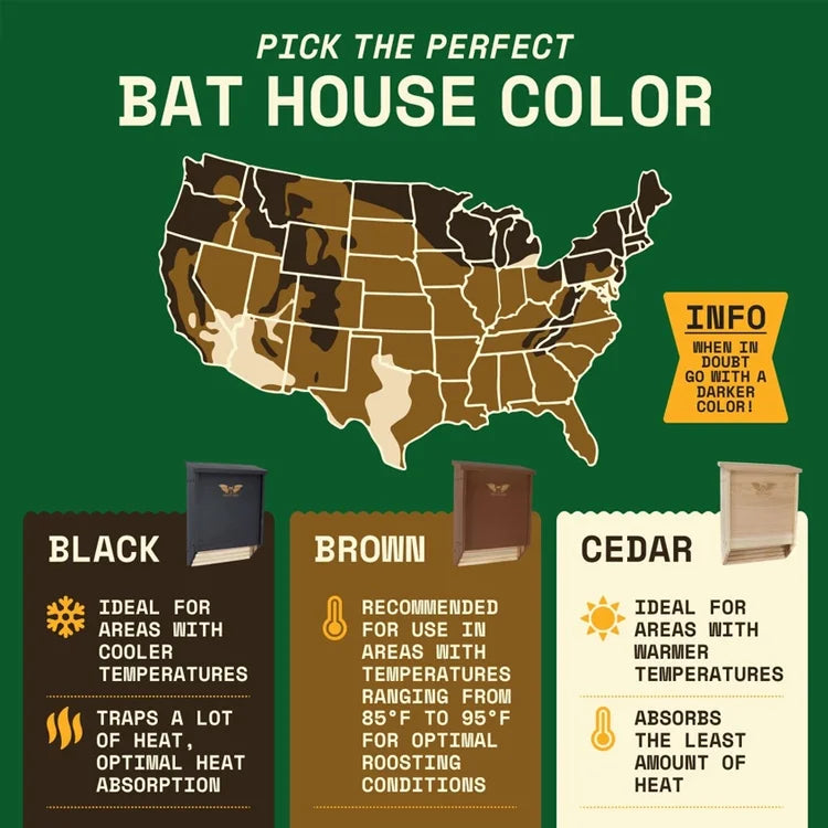 Infographic of the Three-Chamber Bat House, Black, highlights color choices for bat houses across U.S. climate zones, emphasizing black for cooler regions.