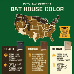 Infographic of the Three-Chamber Bat House, Black, highlights color choices for bat houses across U.S. climate zones, emphasizing black for cooler regions.