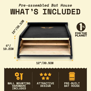 Three-Chamber Bat House, Black, pre-assembled cedar with grooved interior, includes wall-mounting hardware. Dimensions: 15x12x4. Supports 75 bats, eco-friendly pest control.