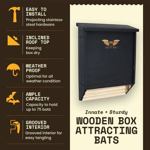 Three-Chamber Bat House, Black: Black finish, cedar construction, two chambers, grooved interior, stainless-steel mounting hardware, inclined roof for weatherproofing, supports 75 bats.