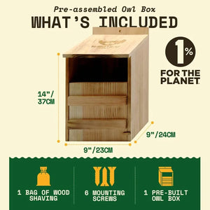 Pre-assembled Owl Box for Gardens with wood shavings, mounting screws; provides a durable, weather-resistant nesting habitat. Features eco-friendly design supporting local owl populations.