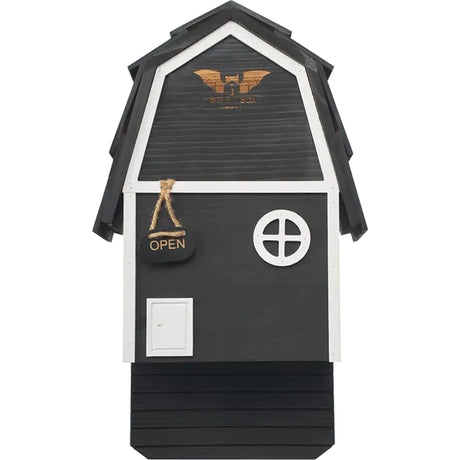Big Bat Barn Junior black cedar bat house with white barn-style trim and two roosting chambers