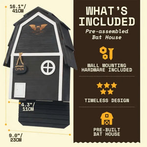 Big Bat Barn Junior cedar bat house dimensions, 16.1 inches tall by 9 inches wide by 4.3 inches deep, with mounting hardware included