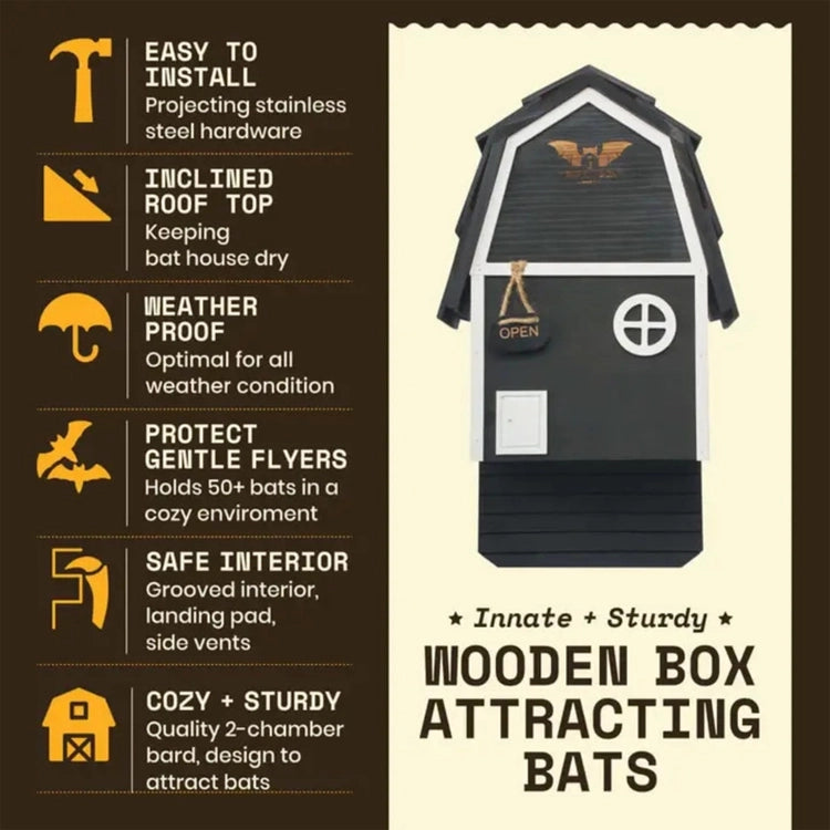 Promotional infographic for a wooden box bat house, showing a dark gray and white illustrated house on a cream background with a dark brown sidebar listing features like easy installation, waterproof design, and protection for bats.