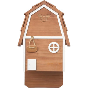 Brown cedar two-chamber bat house with rustic barn-style design, white trim and sheltered bat roosting area