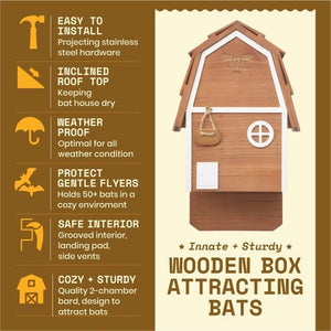 Two-chamber cedar bat house featuring weather-resistant construction, grooved interior, landing pad and side vents for up to 50 bats
