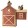 WildYard cedar squirrel house and feeder with red barn design and two gray squirrels perched on the roof