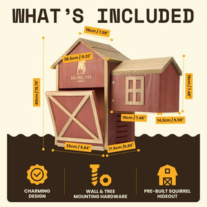 Squirrel house and feeder dimensions showing preassembled cedar barn design with tree and wall mounting hardware