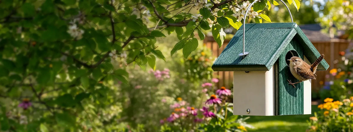 image header of a wren at a small birdhouse 