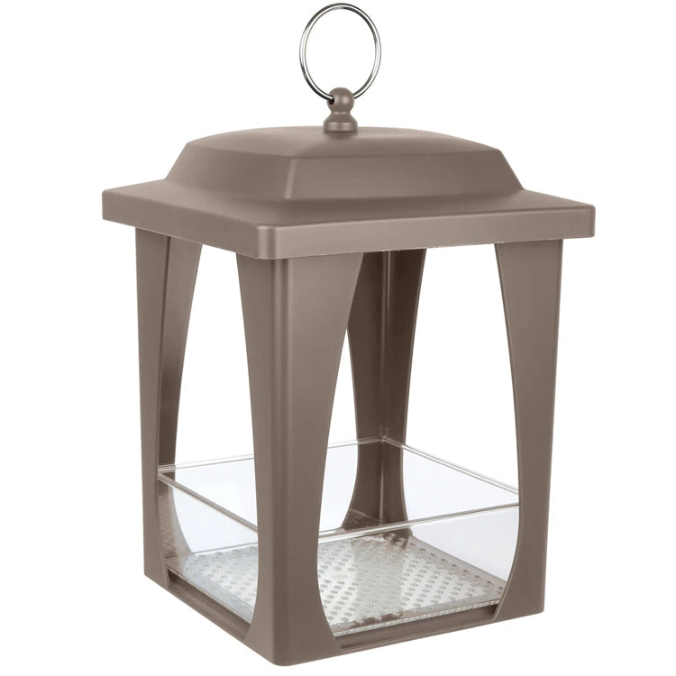 Nature's Way Dine-in Hanging Plastic Fly Through Bird Feeder with a bronze-brown box shape, clear base, metal loop, drainage holes, and removable seed tray.
