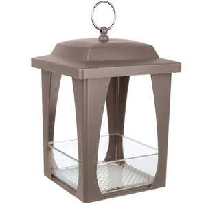 Nature's Way Dine-in Hanging Plastic Fly Through Bird Feeder with a bronze-brown box shape, clear base, metal loop, drainage holes, and removable seed tray.